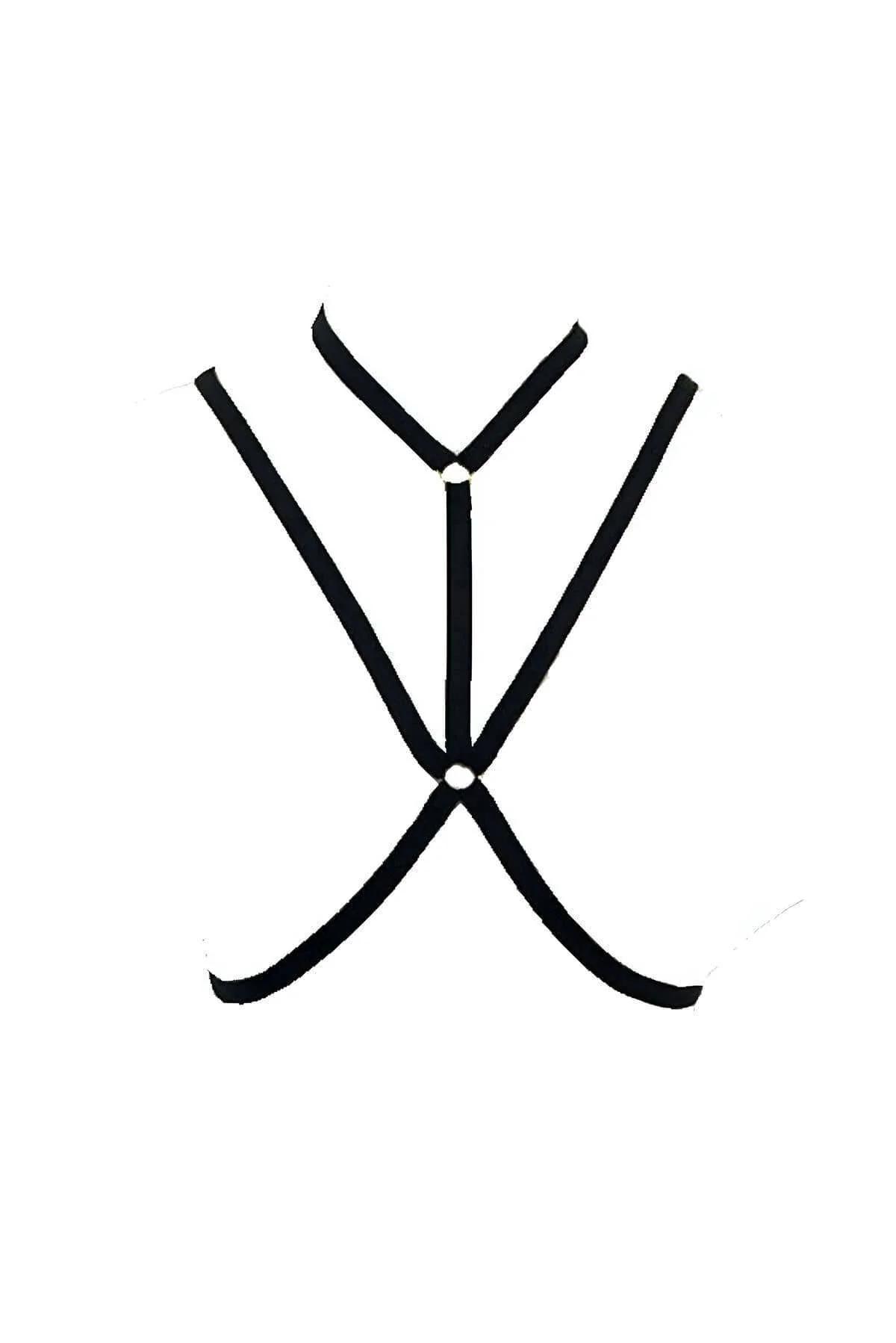 Close-up of silver O-ring connector at upper chest on black elastic neck harness
