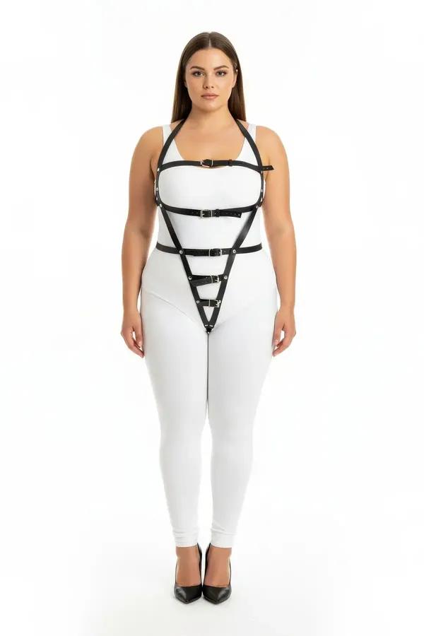 Siyah vegan deri geometrik harness takım büyük beden gümüş toka detaylı vücut aksesuarı