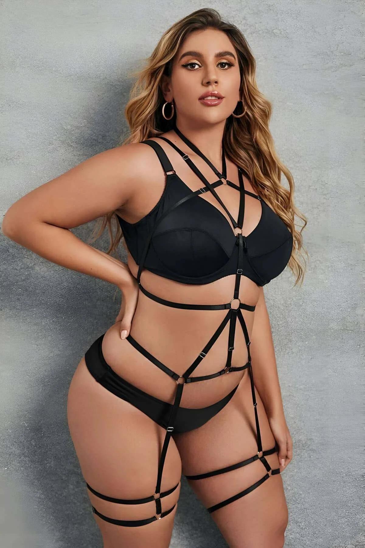 full body harness waist and hip strap configuration with gold-tone O-ring connectors