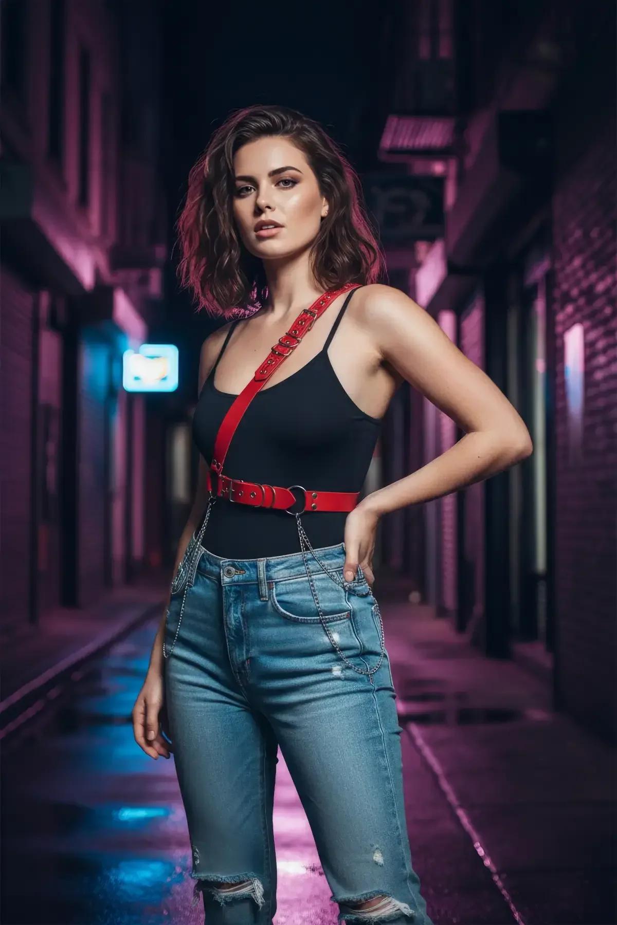Kırmızı harness aksesuar siyah crop top ve mavi kot pantolon kombinasyonu, sokak stili