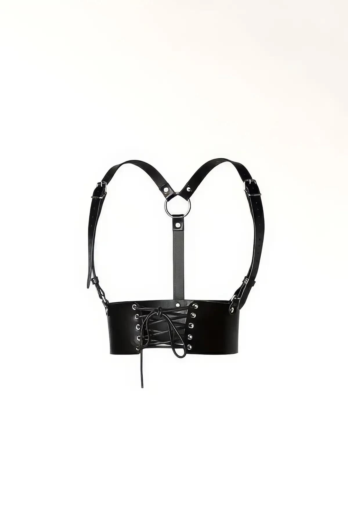 siyah faux leather bağcıklı korse bel kemeri O-ring omuz askılı harness aksesuar