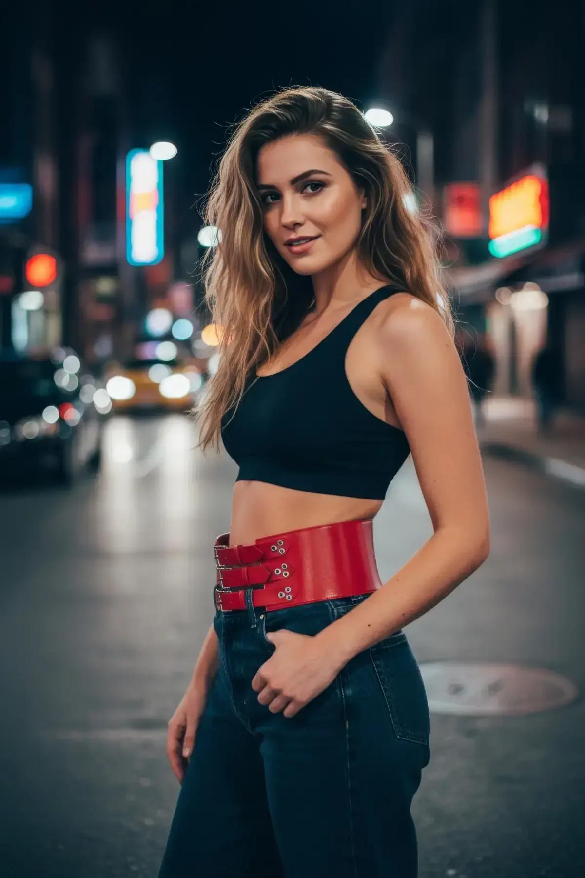 Korse etkili kırmızı bel kemeri yüksek belli denim pantolon üzerinde