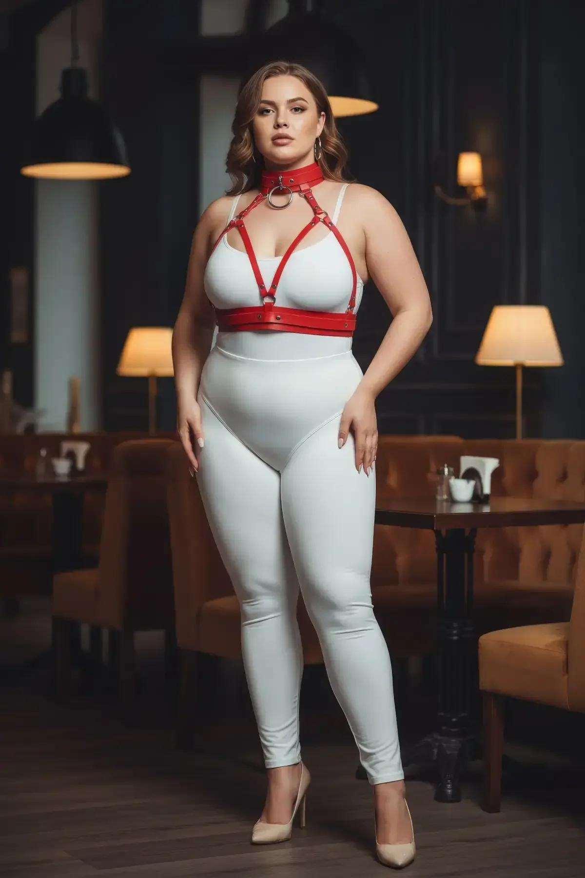 büyük beden kırmızı fantezi harness set 3 parça yaka göğüs bel kombini