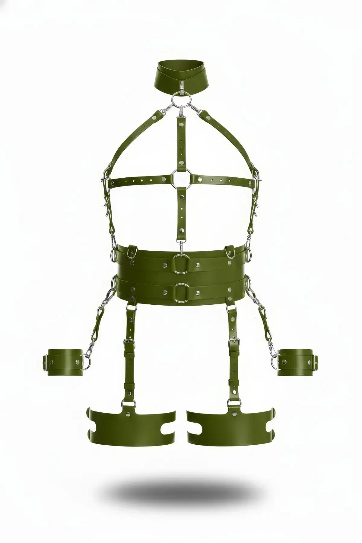 Haki faux leather harness takım zincir detaylı geniş bel kemeri bileklik ve uyluk bandıyla tam set