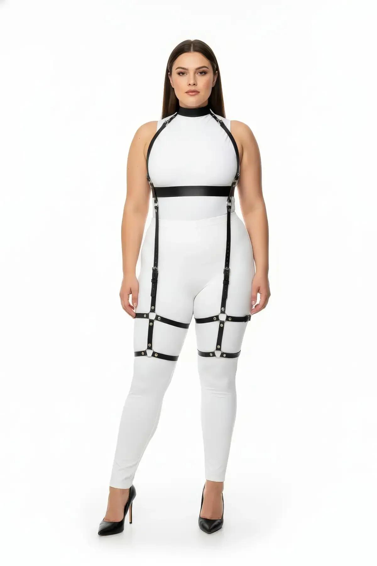 siyah vegan deri full body harness büyük beden gümüş metal tokalı boyun göğüs bel uyluk kayış takım