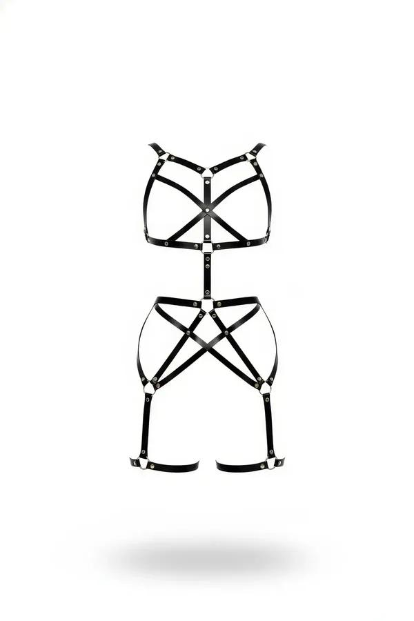 siyah faux leather tam vücut çapraz bağlamalı body harness gümüş metal perçinli X bant tasarımı