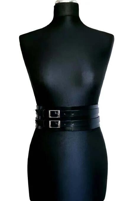Black vegan leather wide waist belt harness front view showing dual silver prong buckles