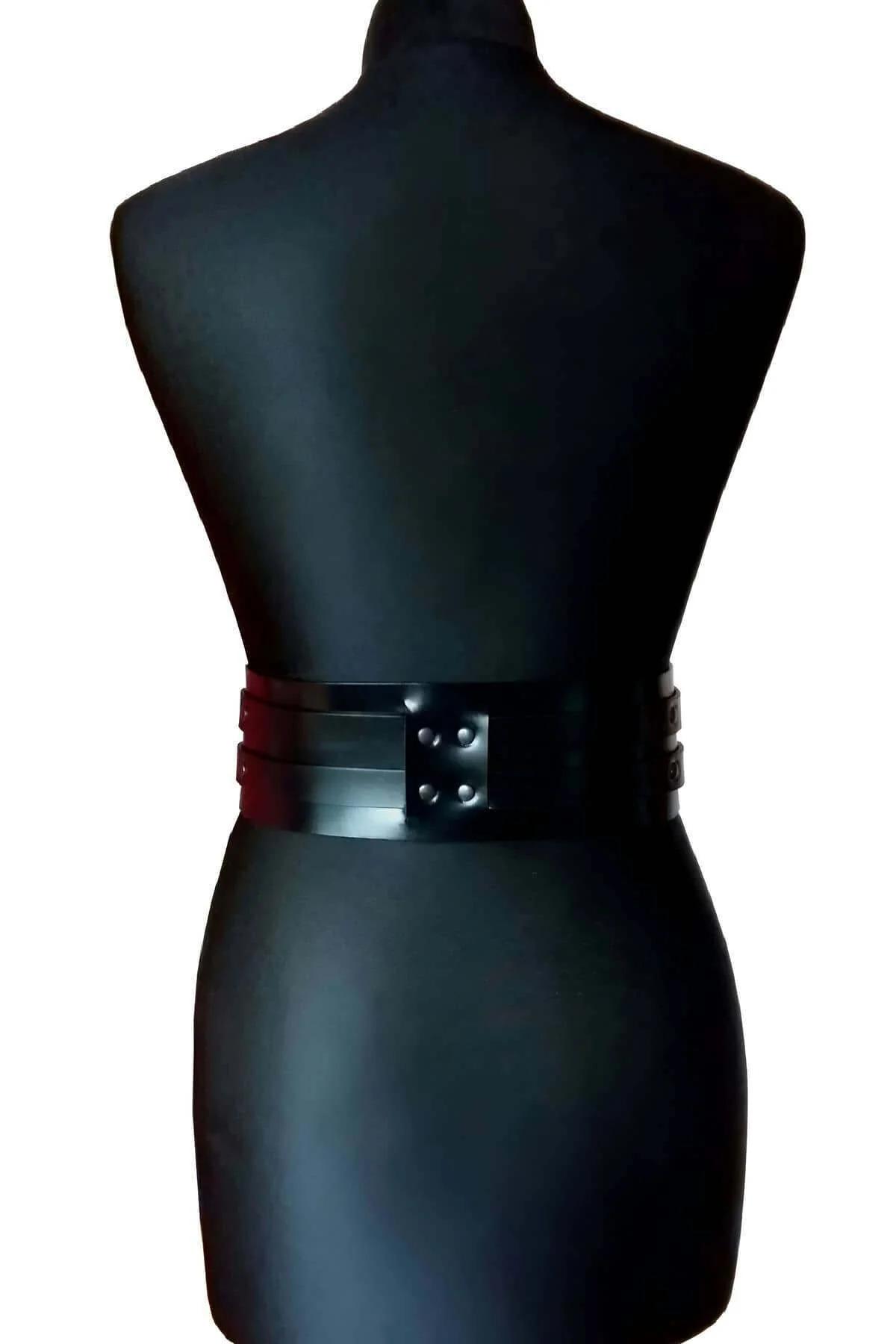 Wide black waist harness belt worn over torso showing full 10 cm strap width