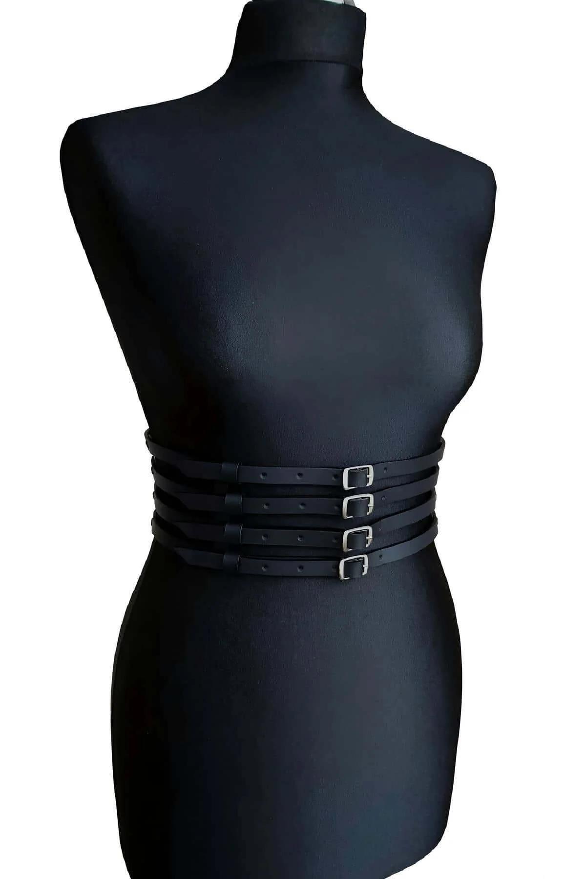 side view black four-strap waspie belt showing strap alignment and buckle placement