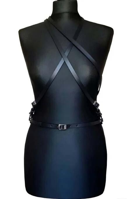 matte black PU strap harness criss-cross chest panel front view with waist belt detail