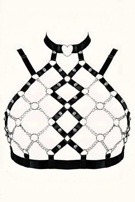Black faux leather chest harness with silver chain diamond grid O-rings and heart choker ring front view