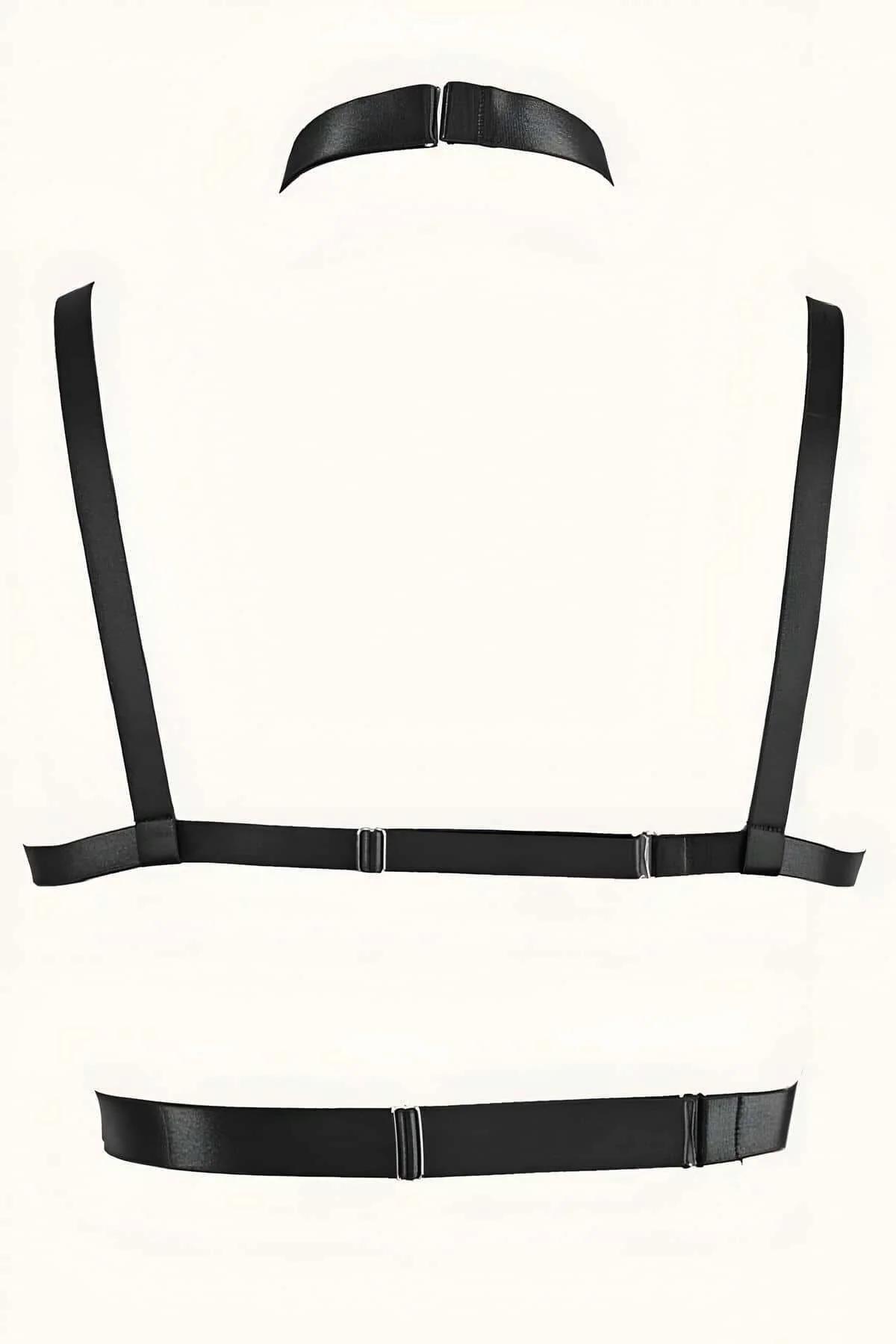 Back view of black faux leather chain harness showing adjustable shoulder strap buckles