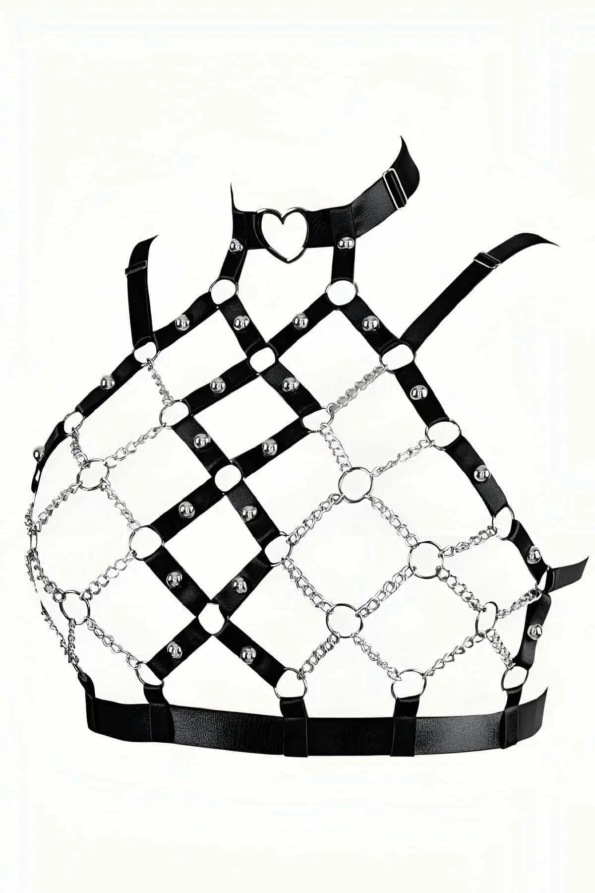 Black faux leather and silver chain chest harness laid flat showing full diamond grid structure