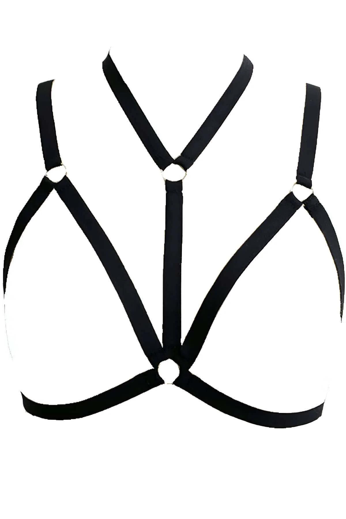 Close-up of silver zinc alloy O-ring on black nylon elastic chest harness center sternum point