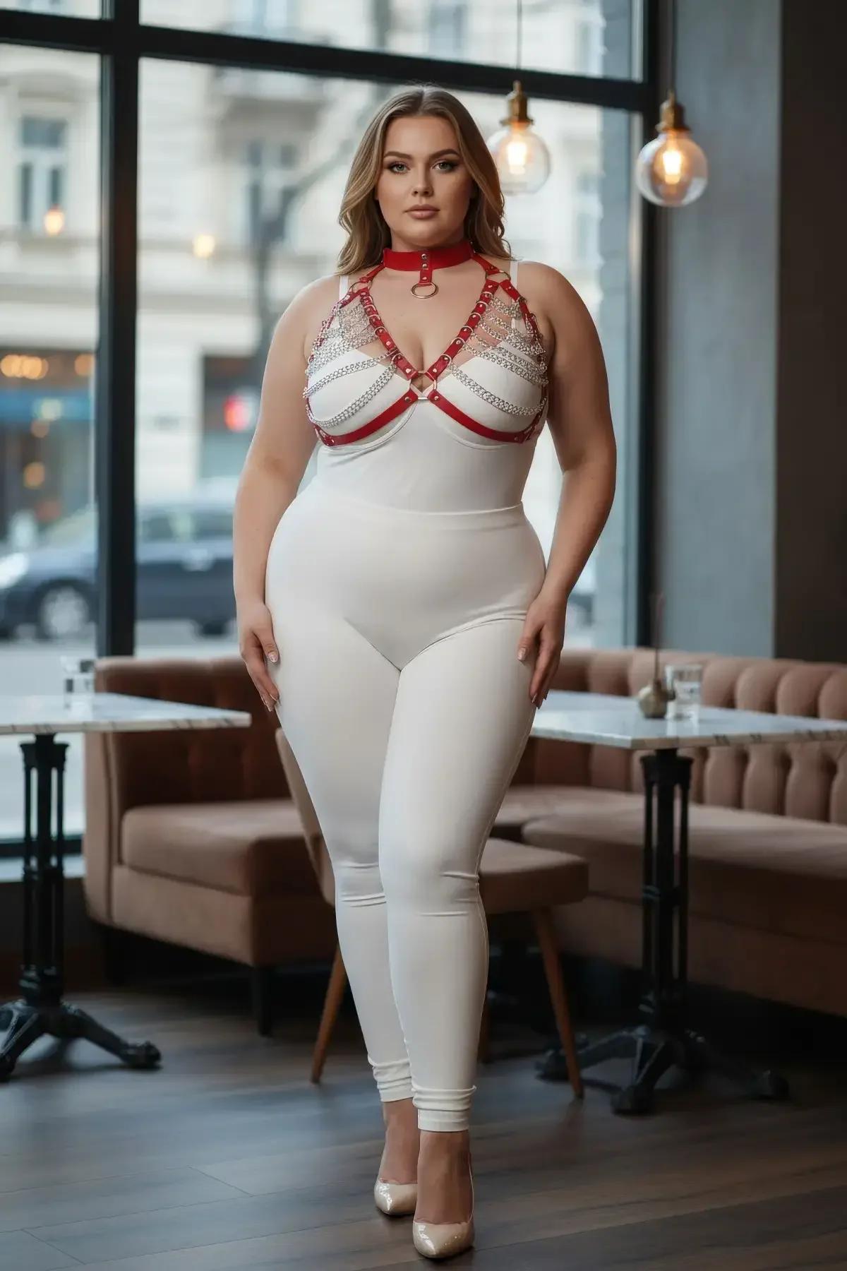 kırmızı harness takım yan profil zincir ve bant detayı plus size göğüs harness