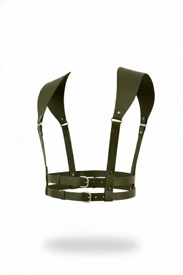 Olive green wide-shoulder faux leather body harness with dual waist bands and silver buckle hardware