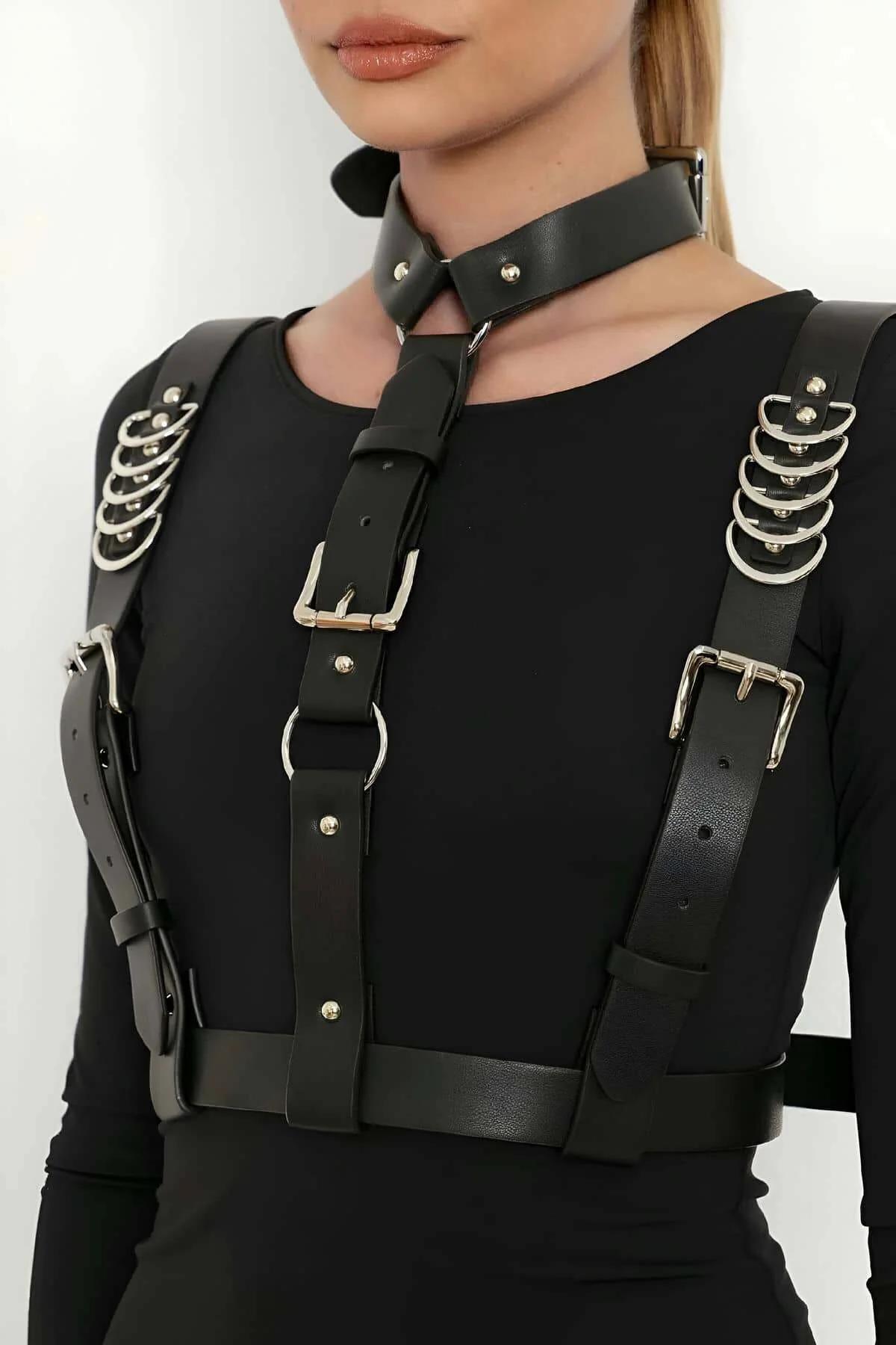 front view black faux leather harness with two rectangular chest buckles and collar band
