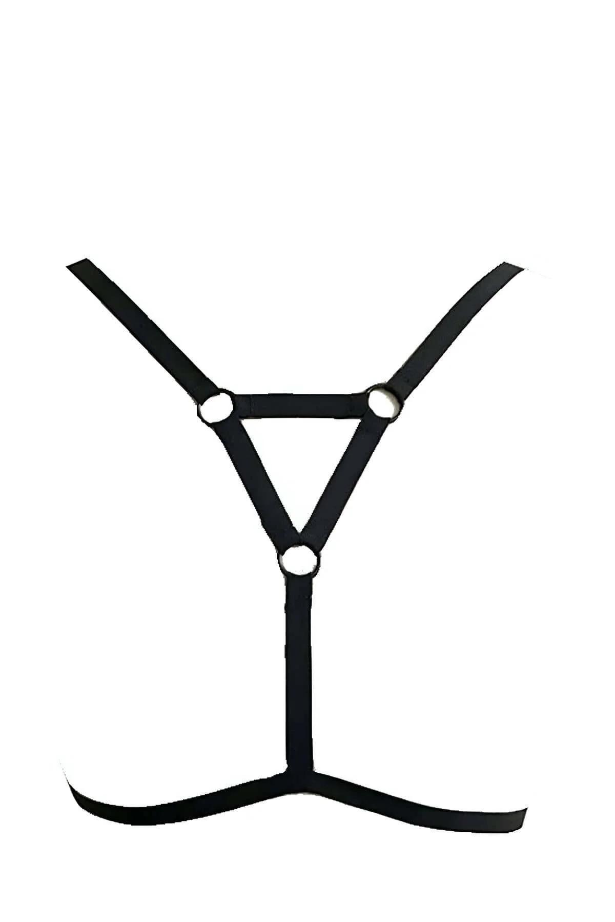 back view of adjustable black elastic chest harness showing slide closure and strap width