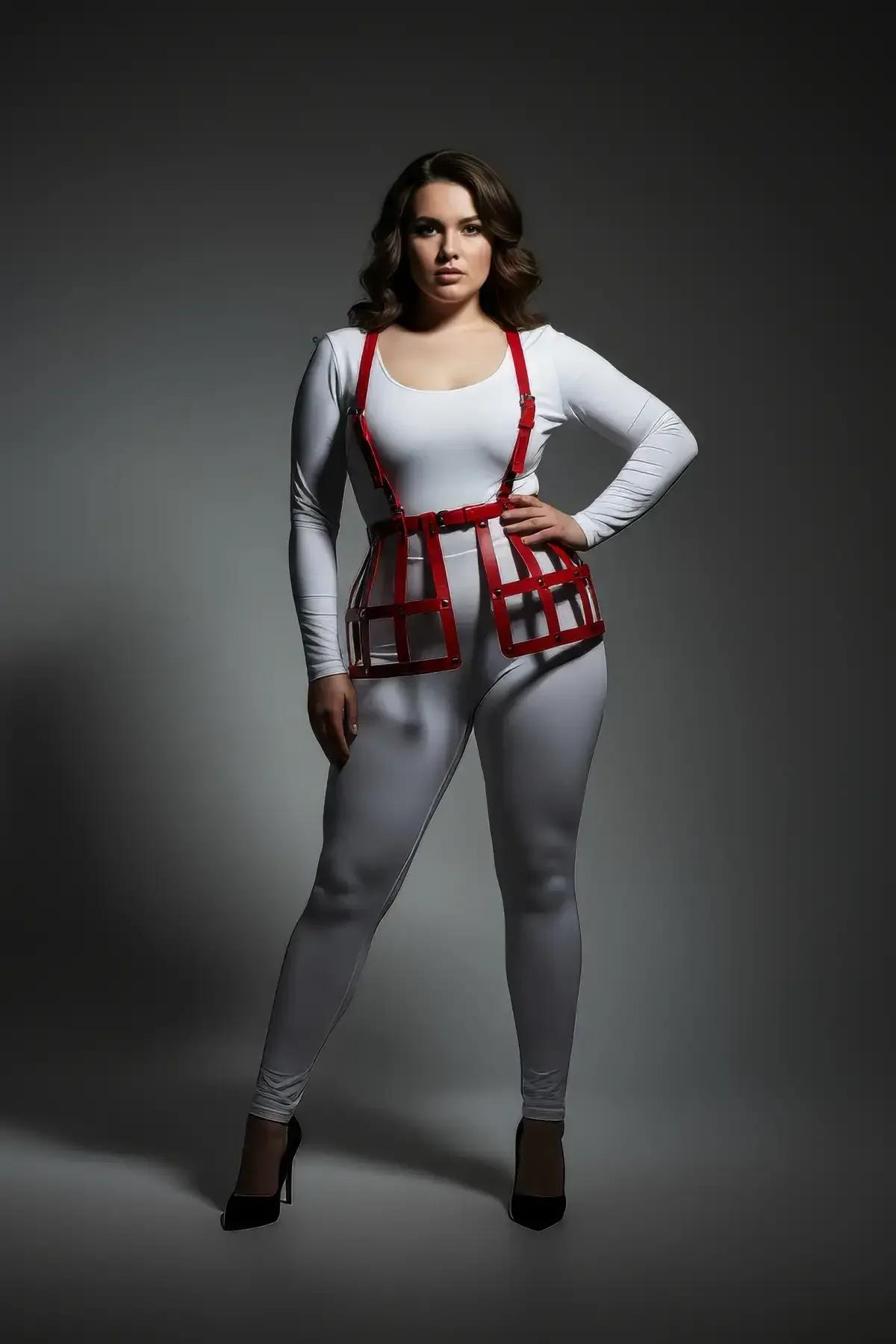 kırmızı kafes korse harness beyaz crop top üzerine giyim kombinasyonu