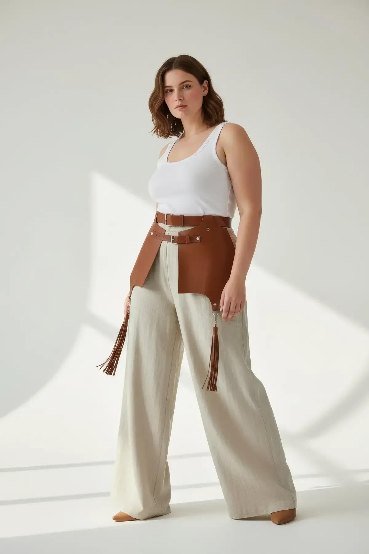 taba deri korse harness çift kemer şeridi gümüş metal toka büyük beden