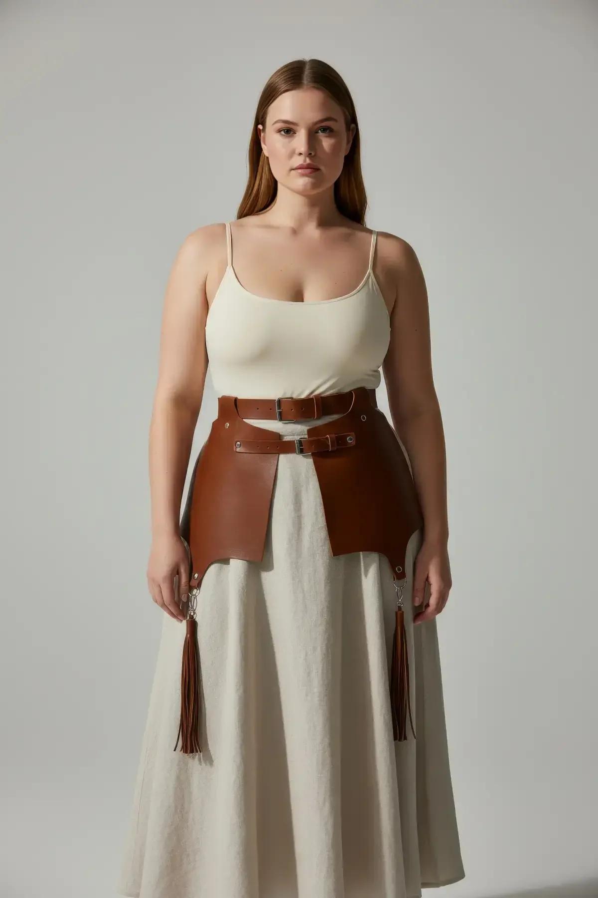 taba harness gümüş O-halka püskül detay kalça hizası görünüm
