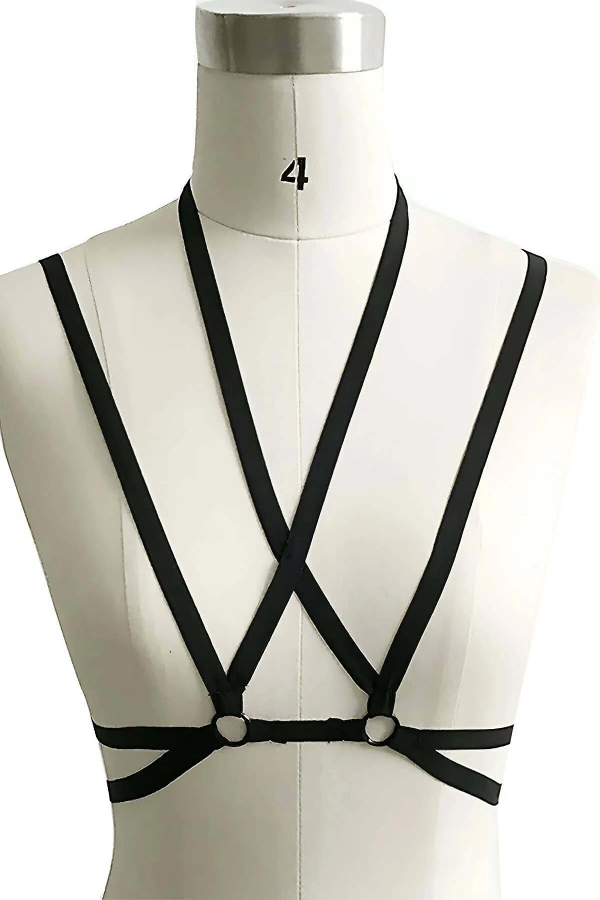 black woven elastic chest harness deep-V strap configuration front view