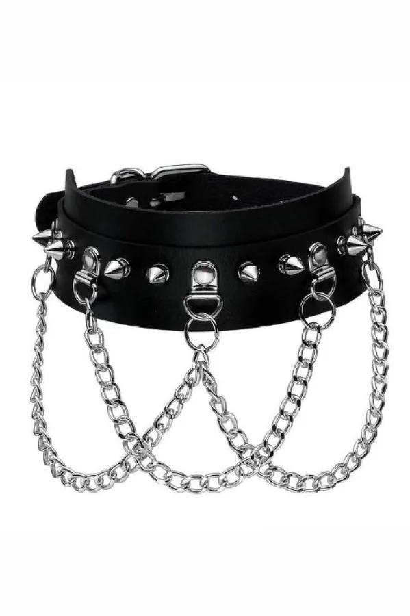 Black faux leather choker with silver spike studs and three draped silver chains from front D-rings, buckle closure at back