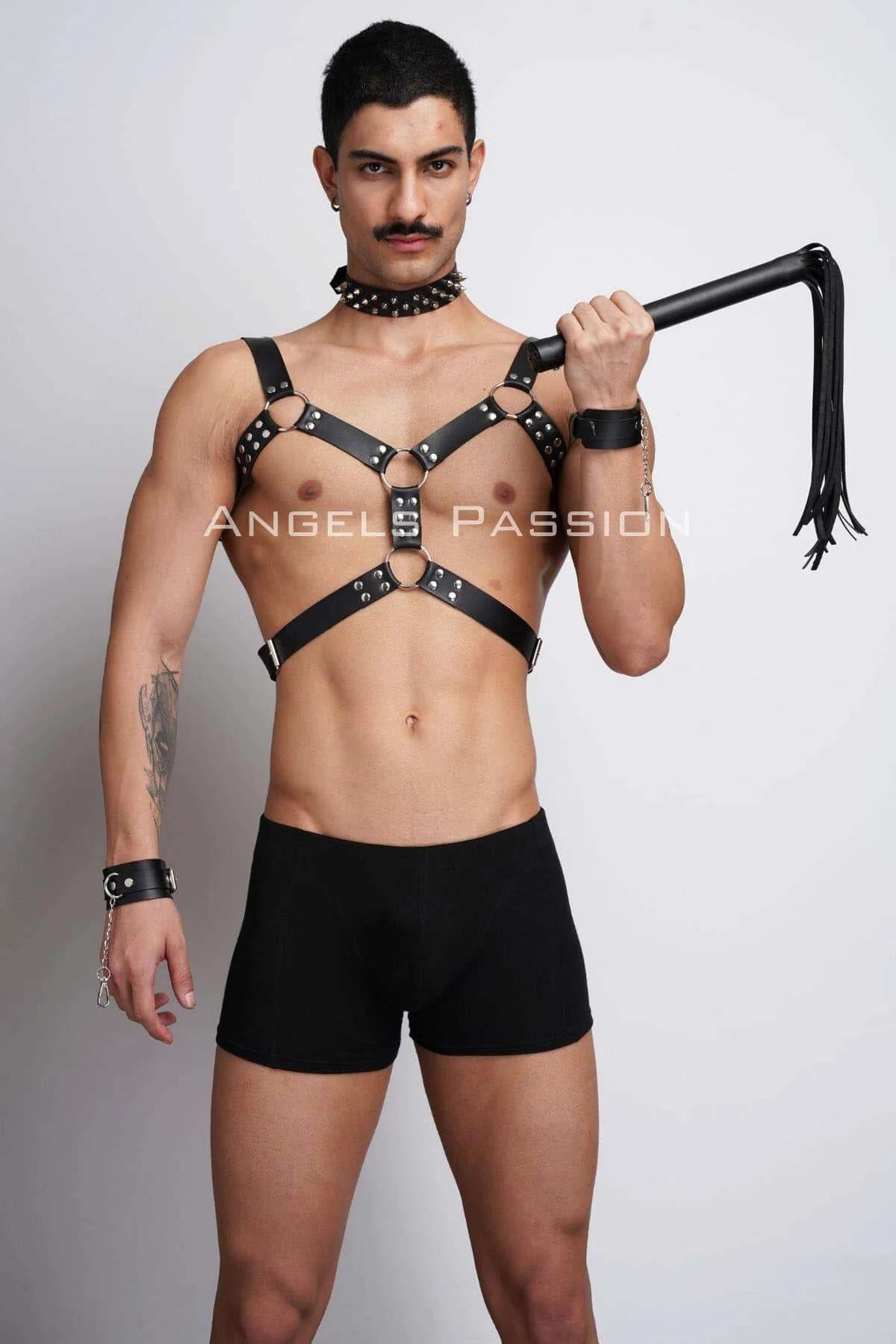 Strappy Chest Harness with Spiked Choker & Cuffs