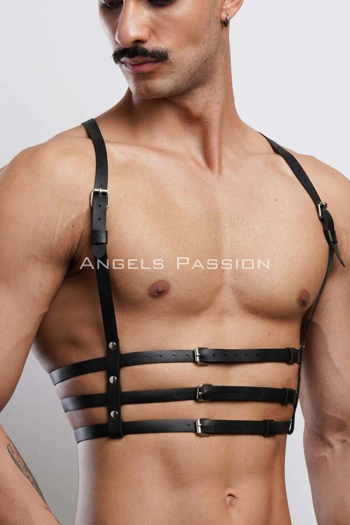 Side view of black strappy faux leather harness showing shoulder strap hardware and horizontal band layout