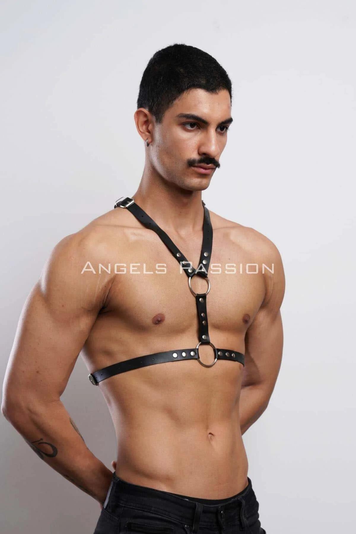 rear view of adjustable back clasp closure on black faux leather body harness