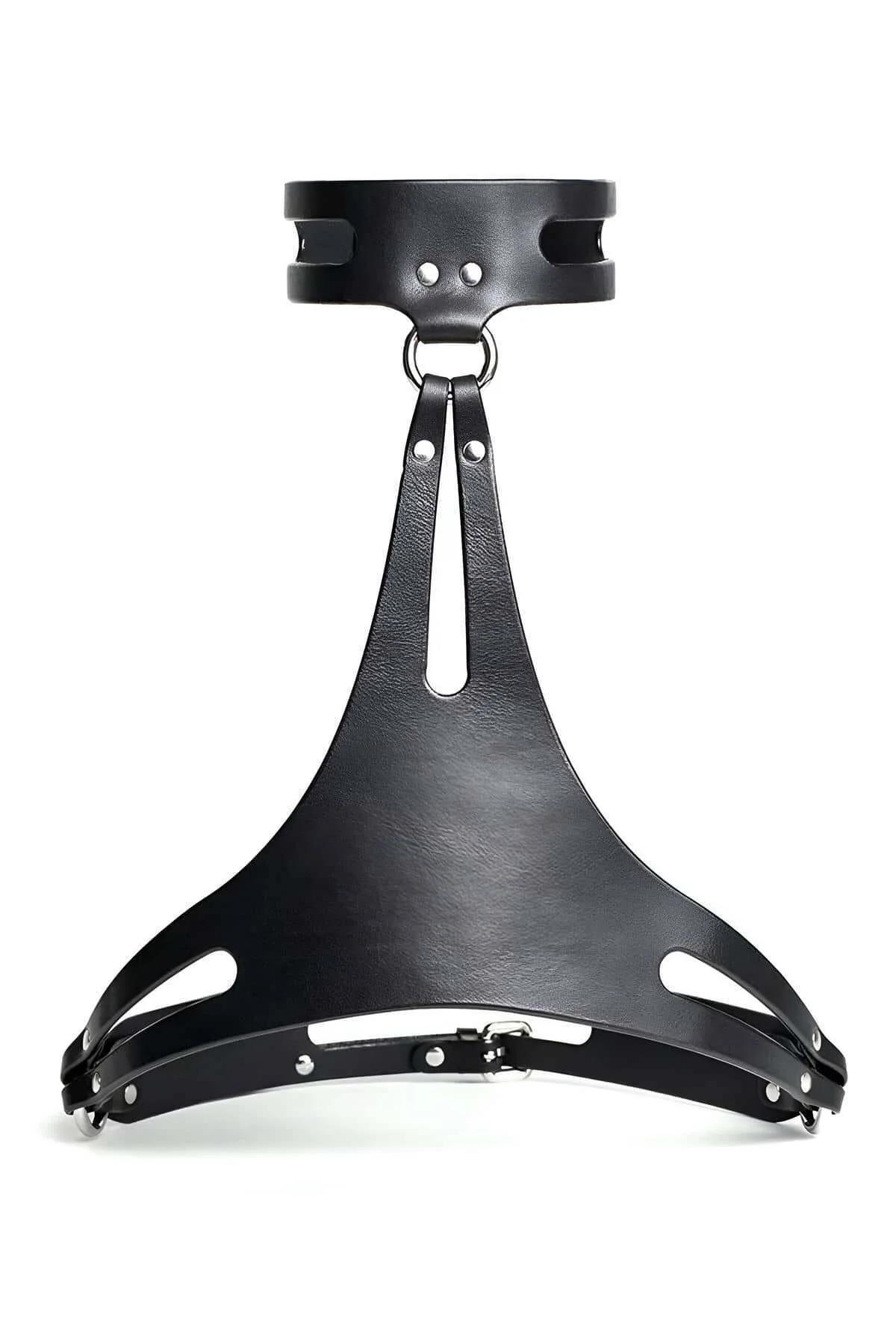black PU chest harness mens adjustable straps with silver lobster-clip carabiners at hip