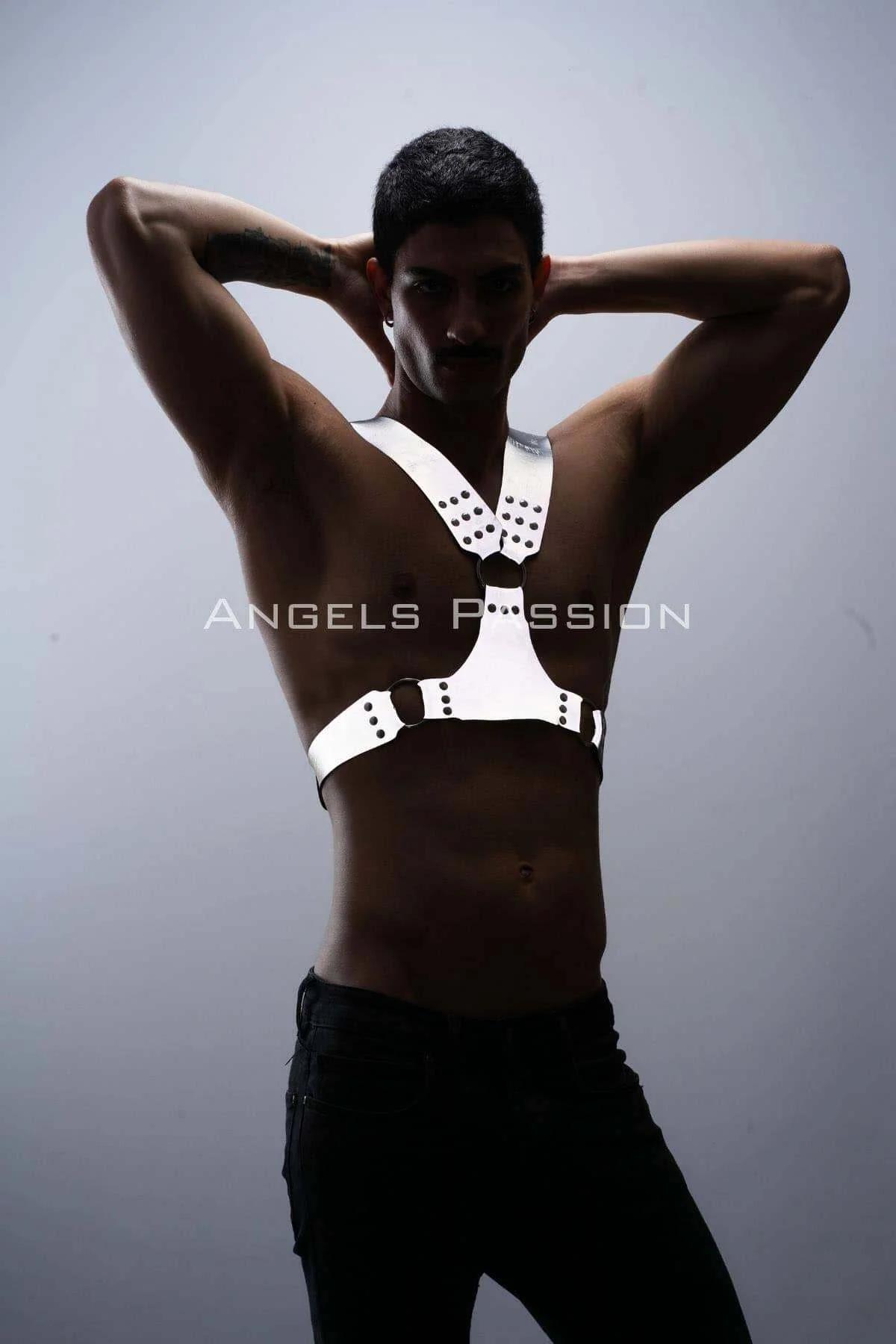 White reflective chest harness laid flat showing full Y-strap and horizontal waist band construction