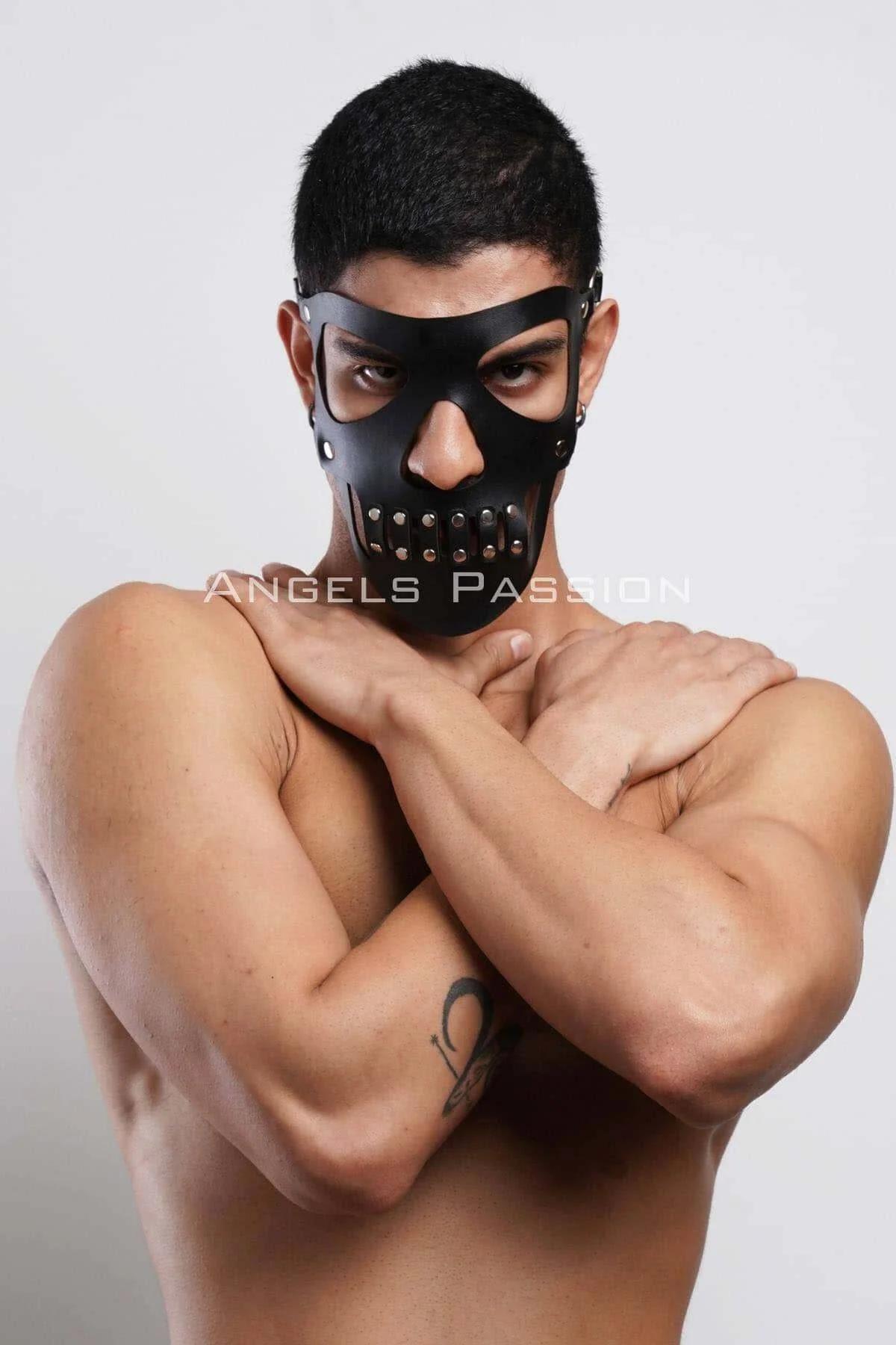 Side-angle view of black skull mask showing upper eye-cutout panel and rear adjustable buckle strap