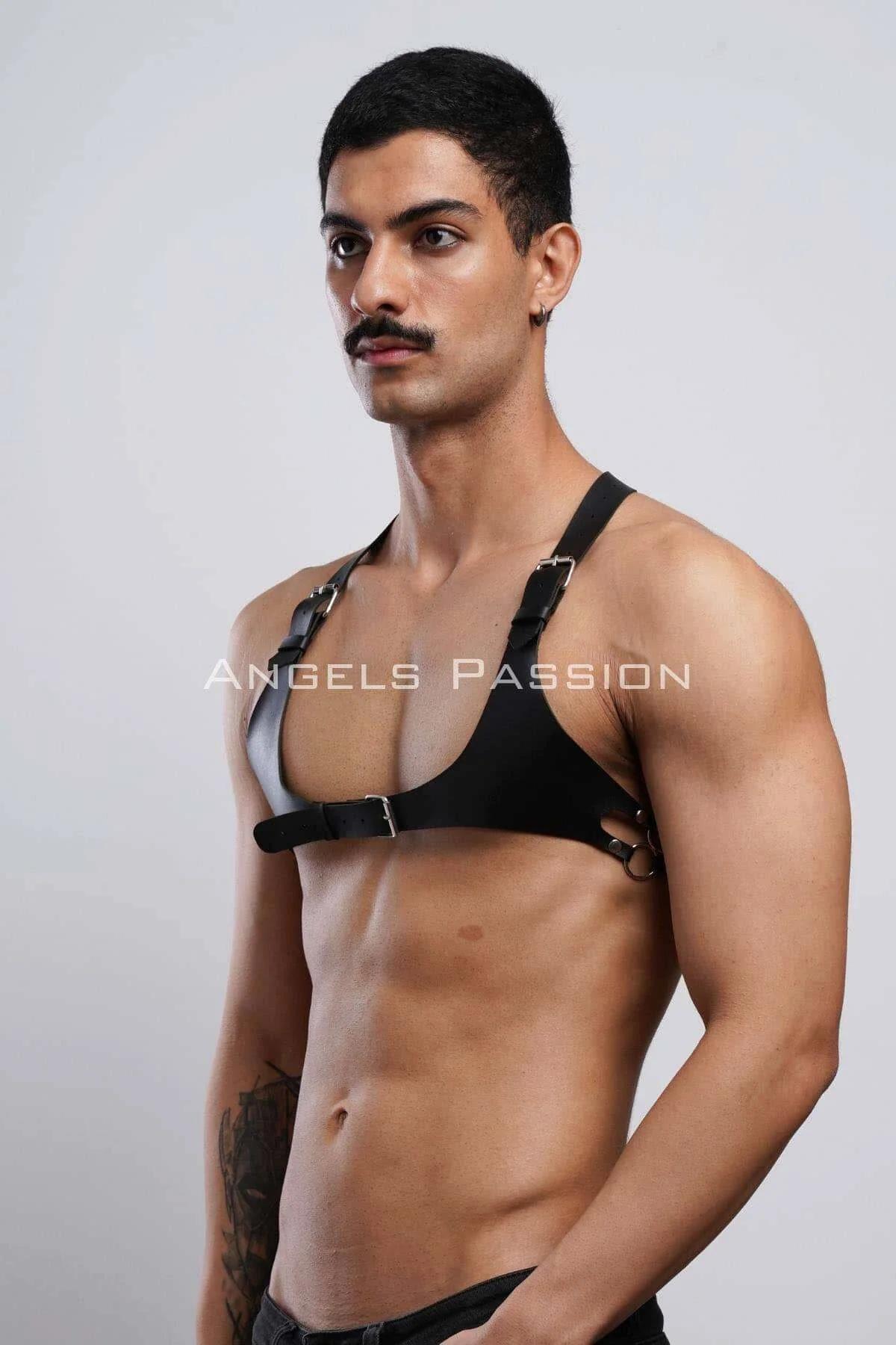 black faux leather chest harness open-side silhouette showing fabric inner lining detail