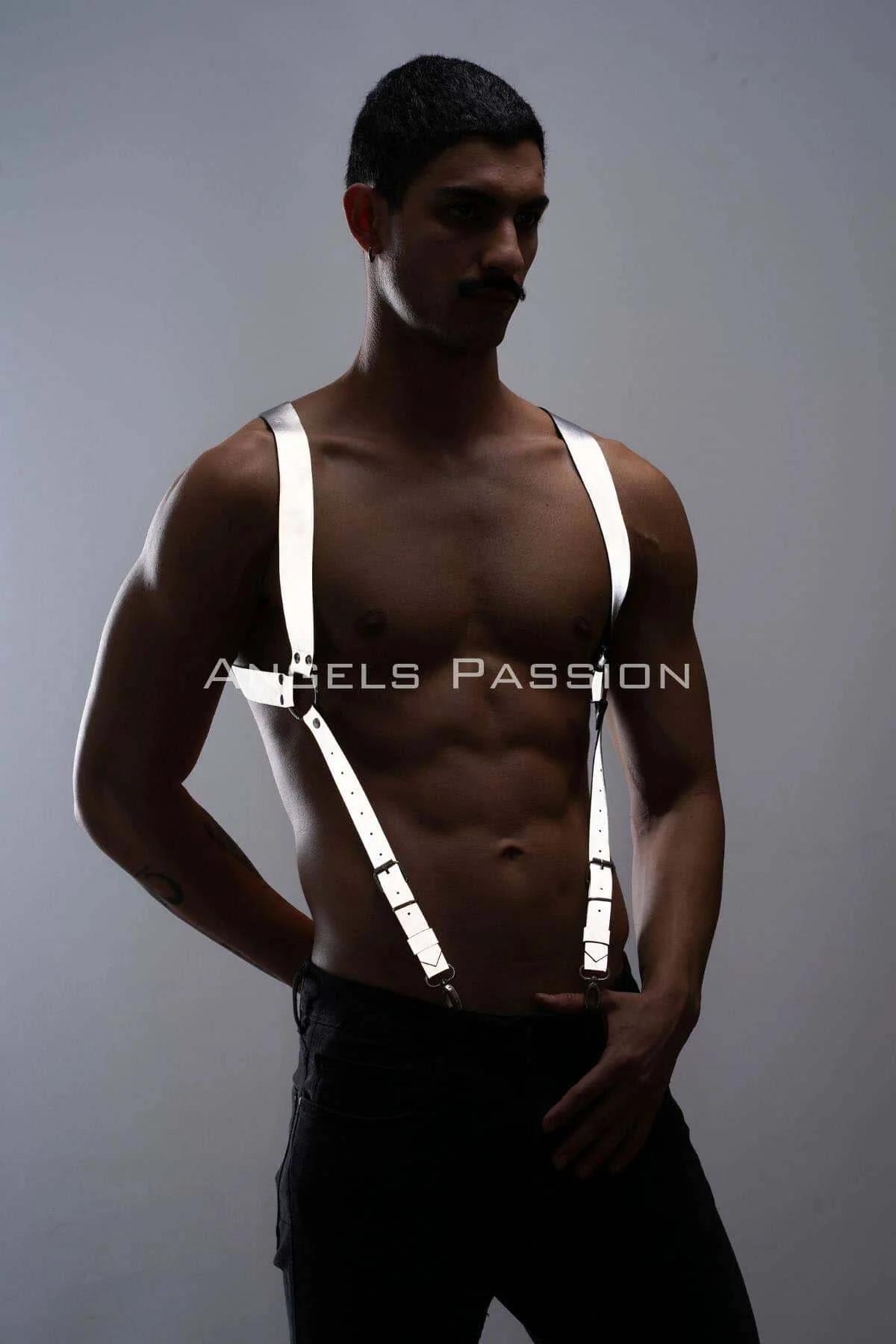 Men's reflective suspenders with silver metal clips, front chest detail