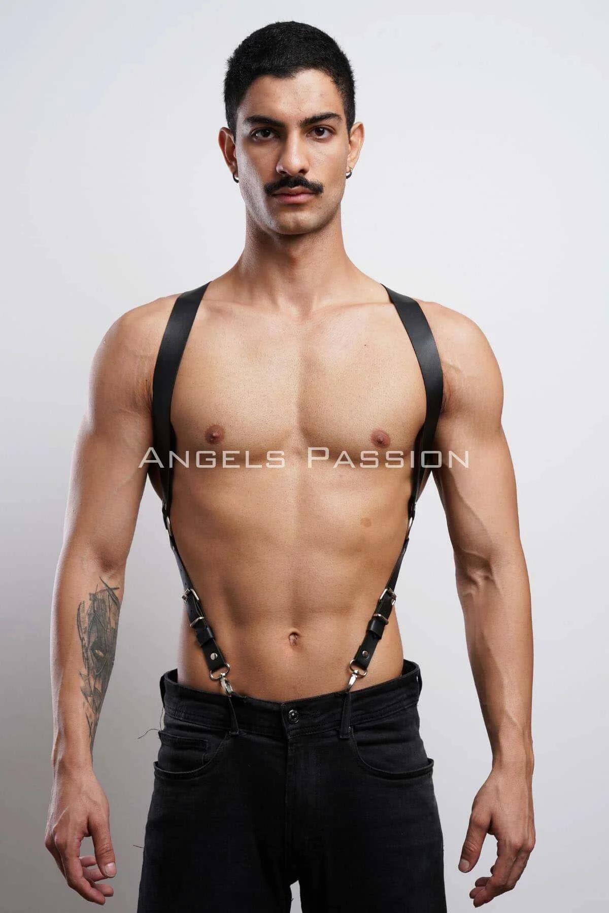 Black PU leather shoulder harness adjustable buckles silver hardware front view men