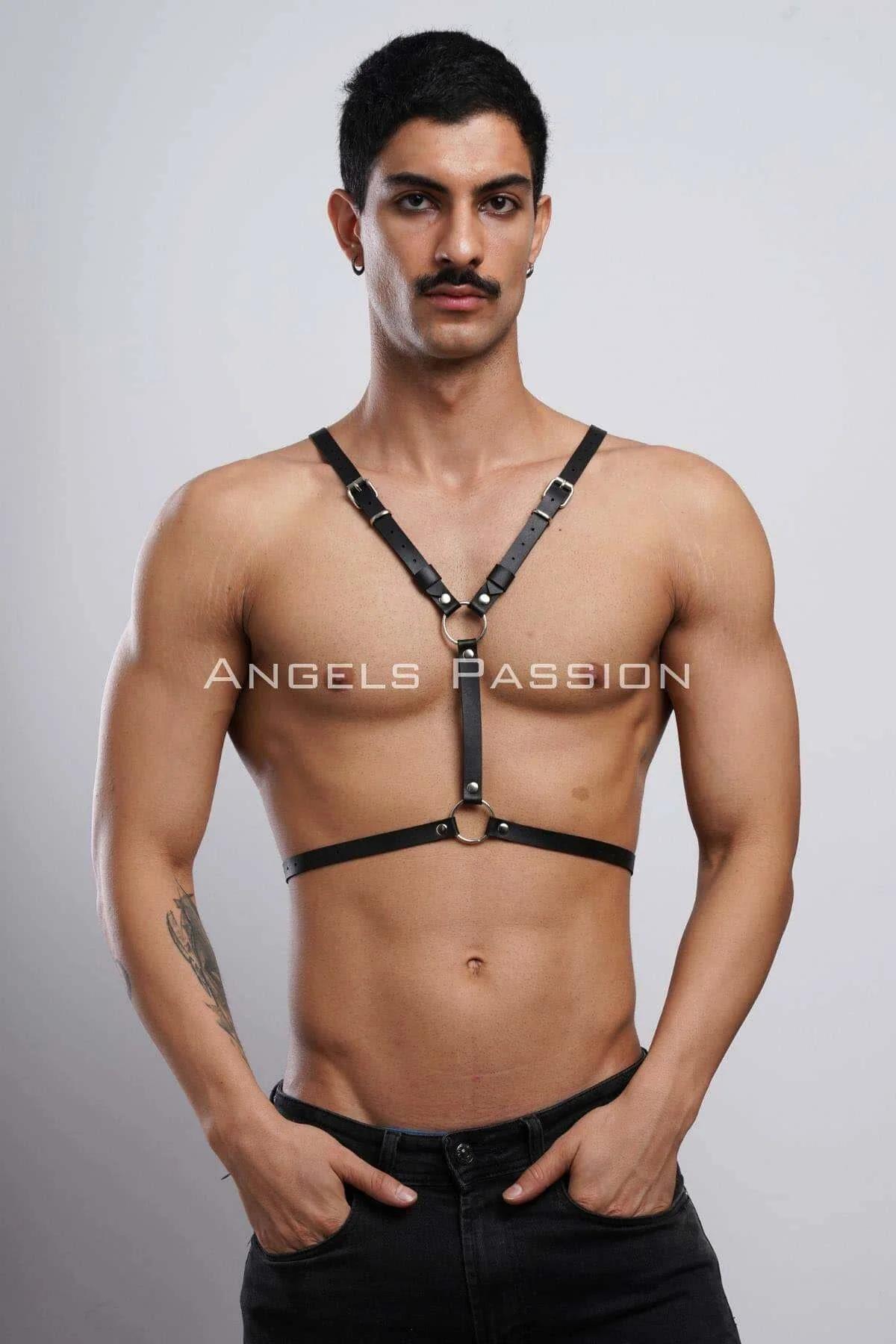 Silver O-ring strap junctions on black faux leather back harness vertical straps
