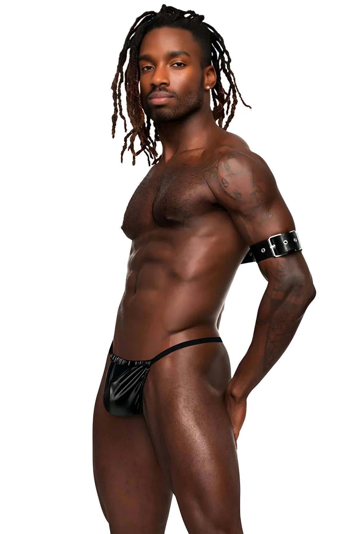 Adjustable black faux leather arm harness showing eyelet closure and rivet detail on strap