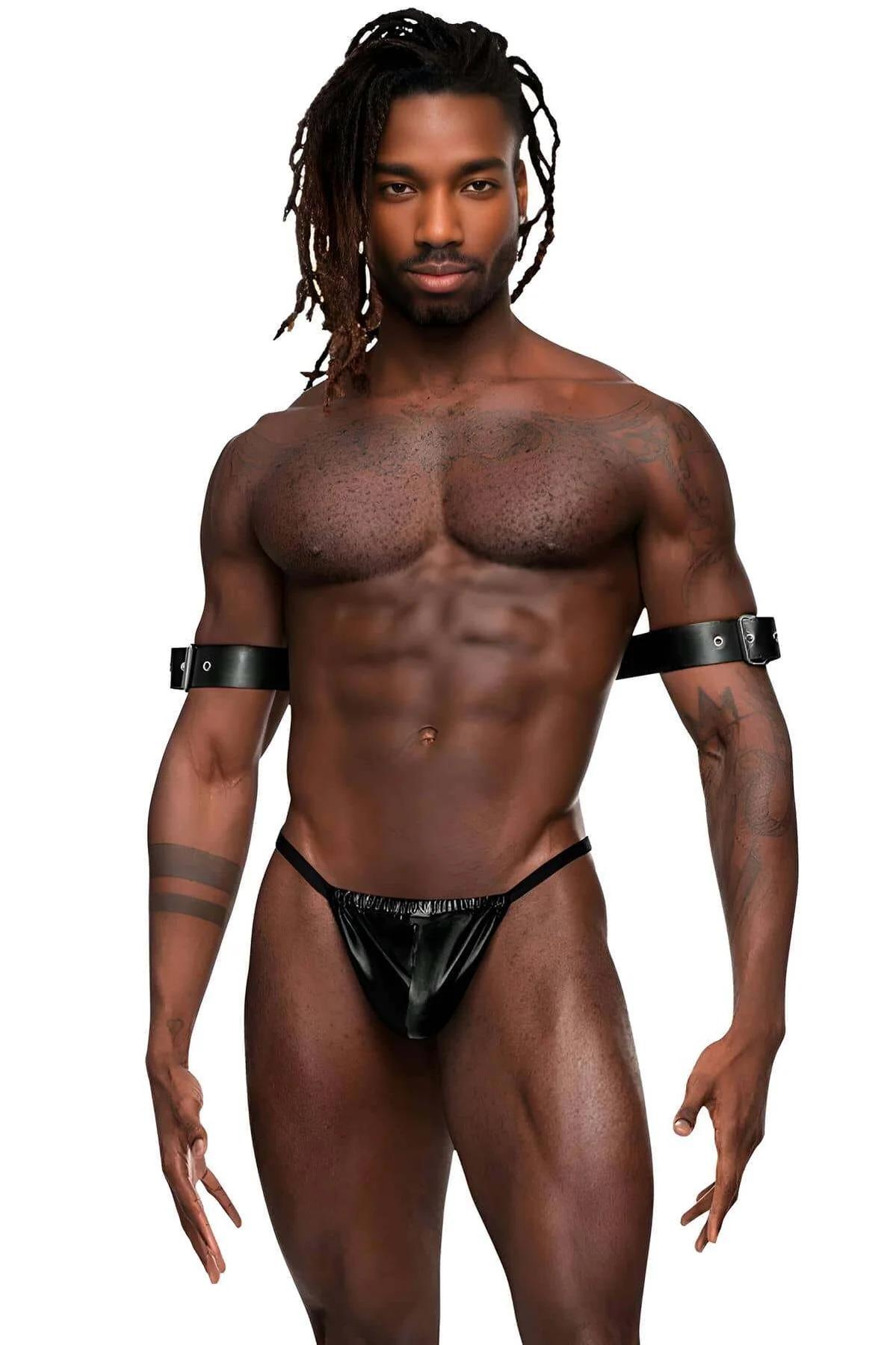 Men's black arm harness worn over bare torso, upper back horizontal strap configuration