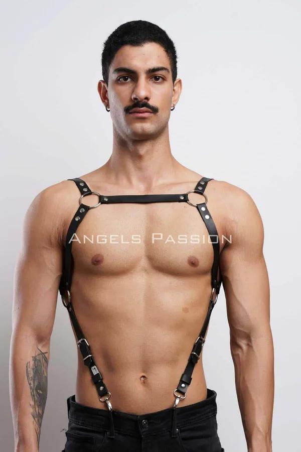 Black faux leather dual O-ring chest harness with twin silver D-ring drop straps on male model