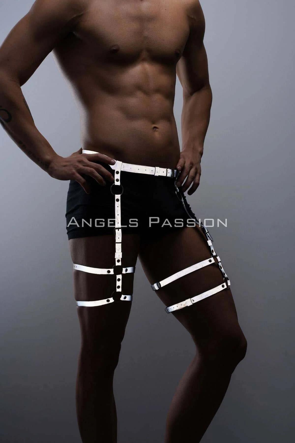 white reflective thigh harness with adjustable straps and silver O-ring waist band on male model