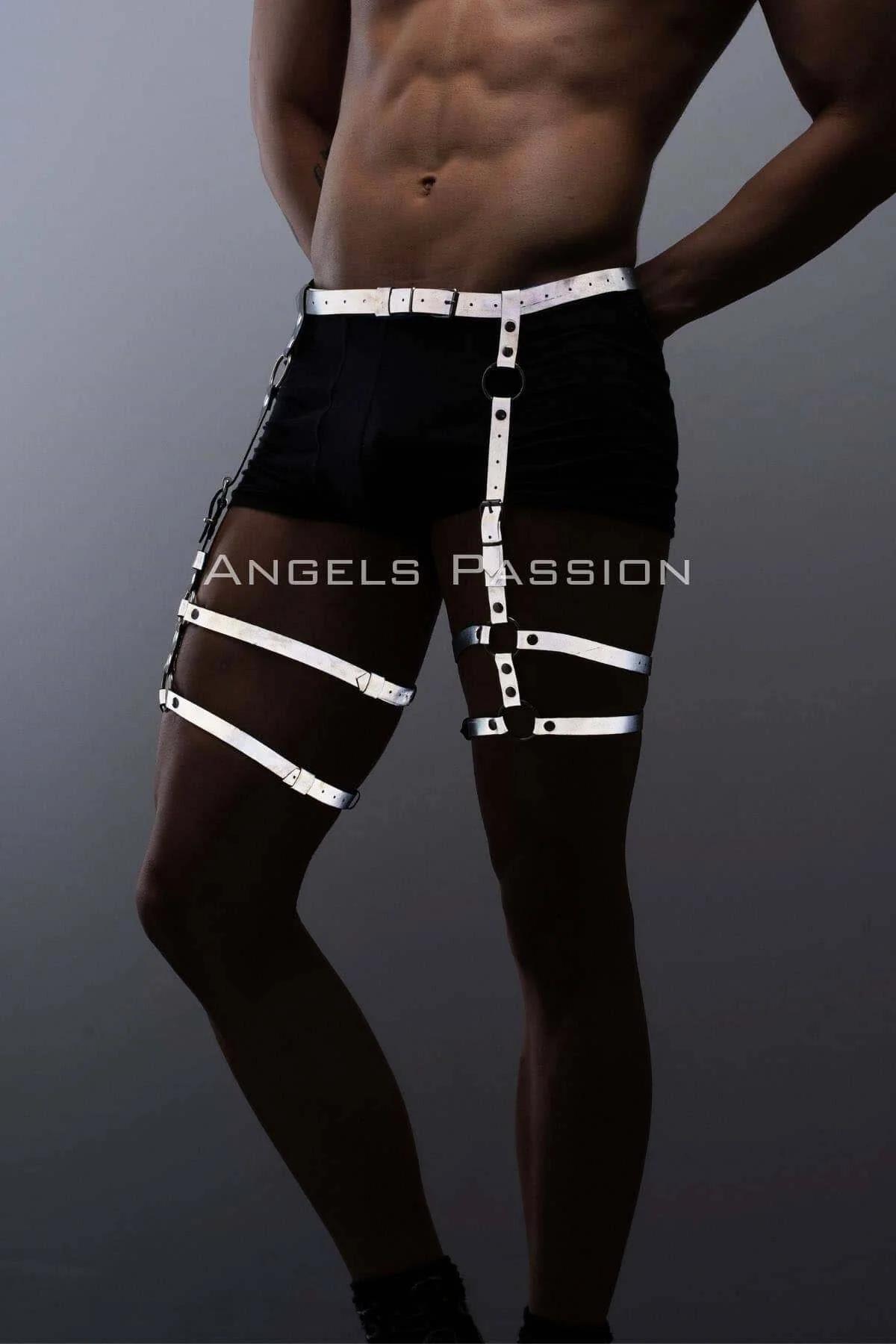 adjustable thigh harness white reflective bands wrapped around upper leg with buckle detail