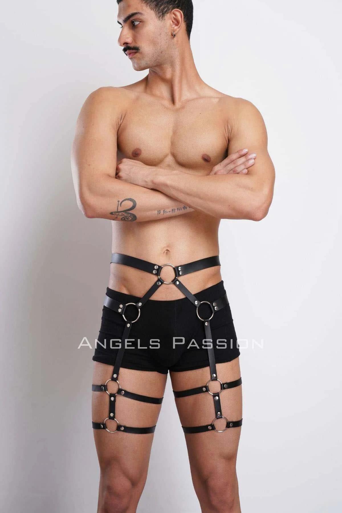 Detail of snap buckle adjuster on black PU faux leather leg harness waist band