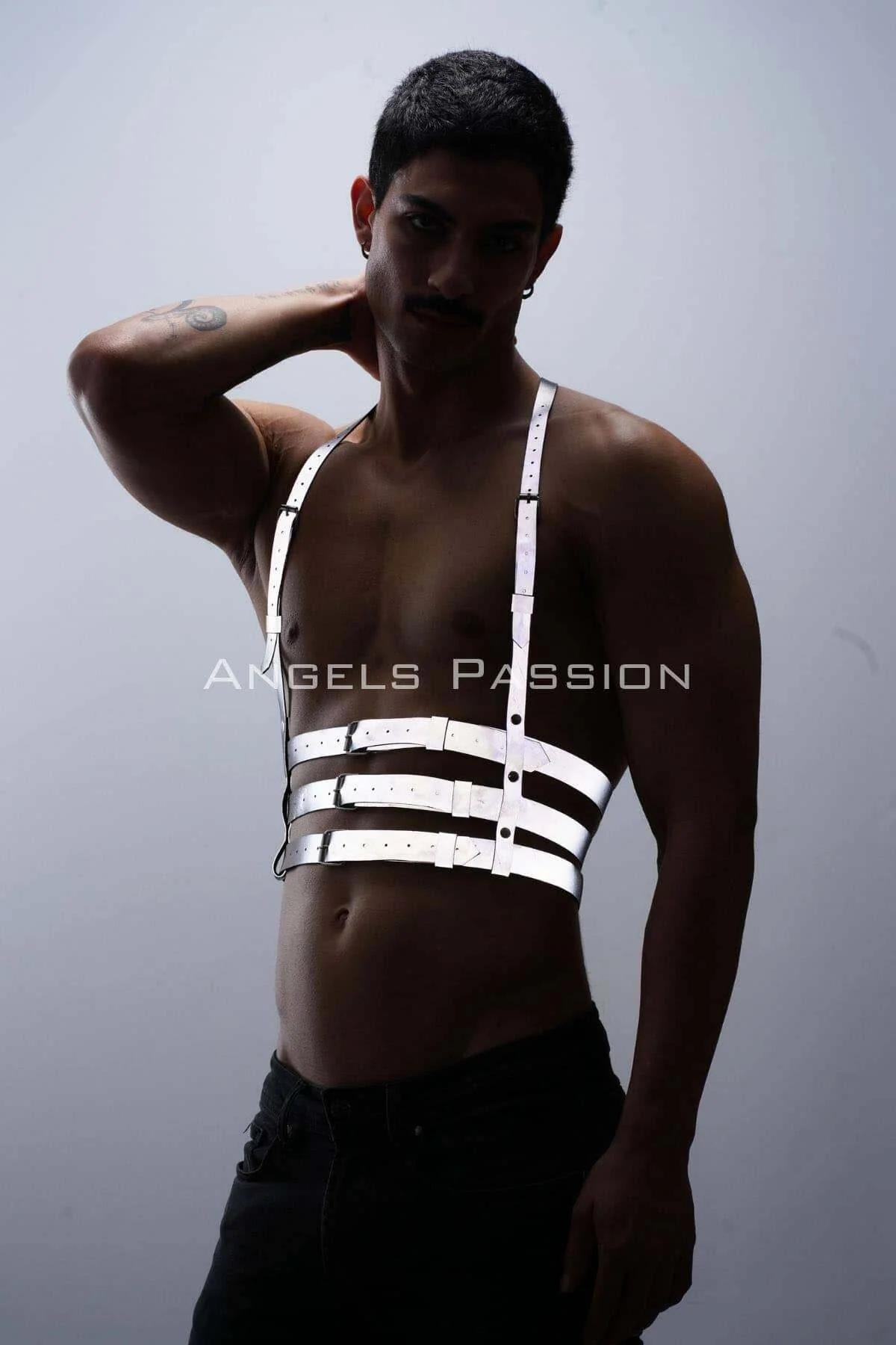 Mens white chest harness adjustable horizontal bands showing independent buckle closures at torso