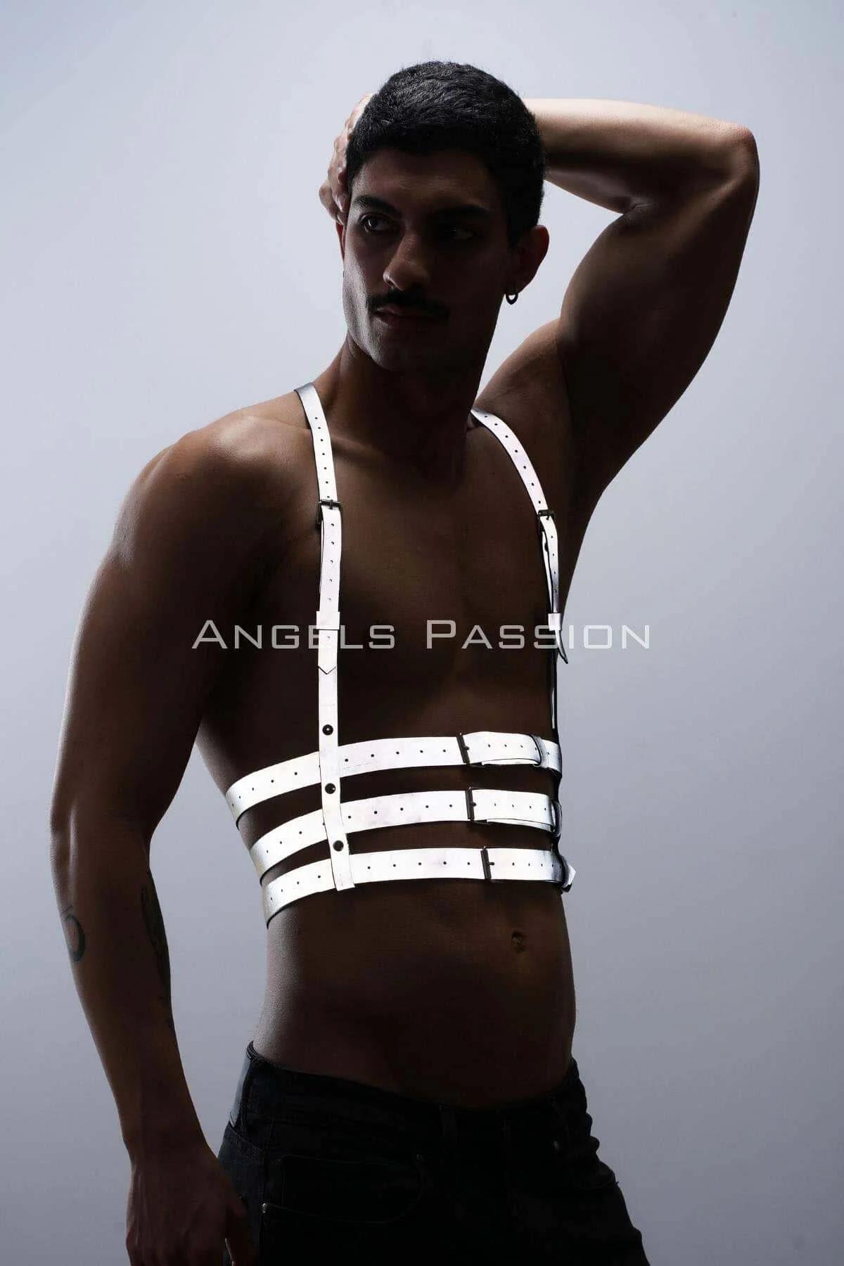 White festival chest harness full torso view showing strap width and three-band cage silhouette