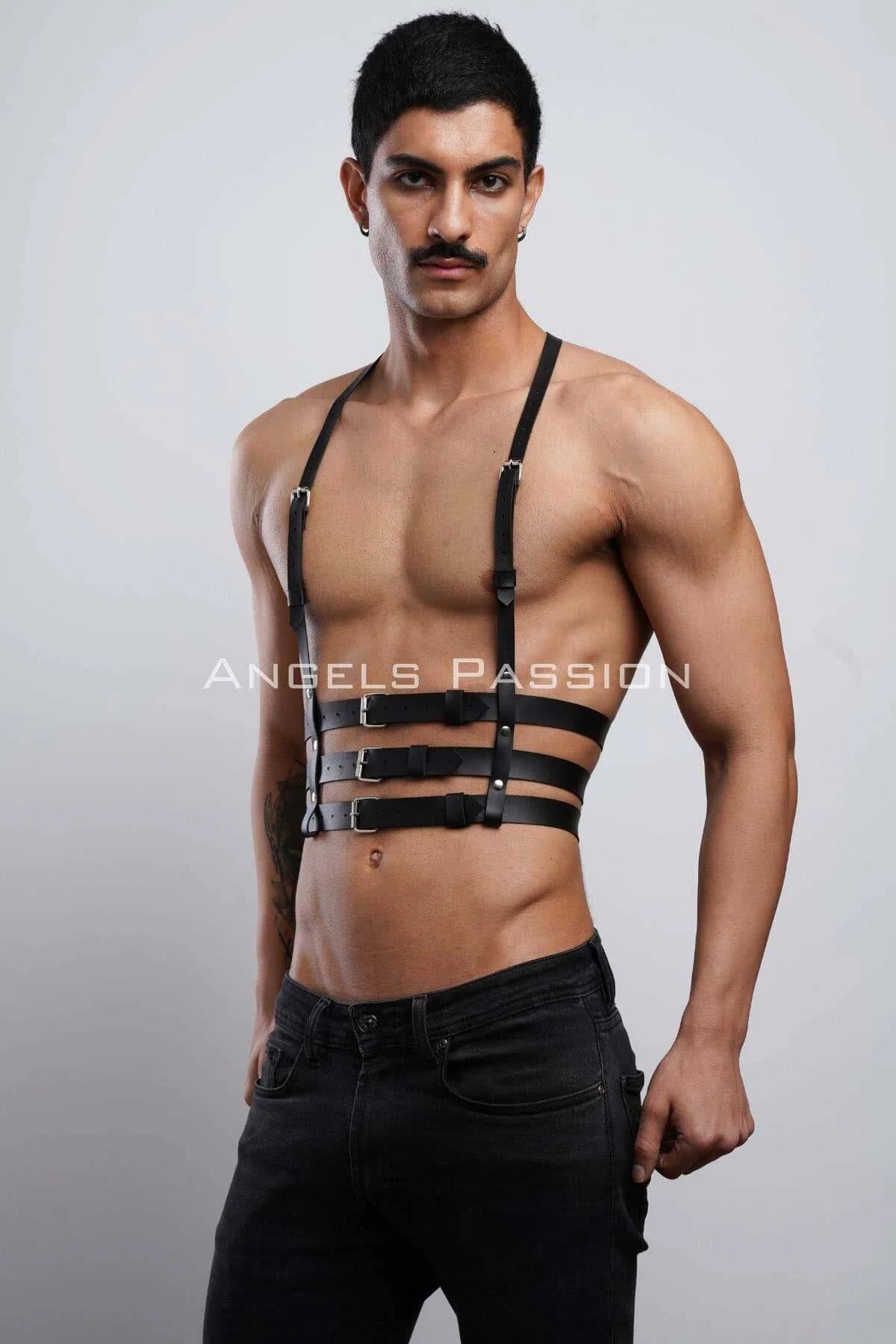 Black vegan leather chest harness back view showing open-back construction and shoulder strap attachment