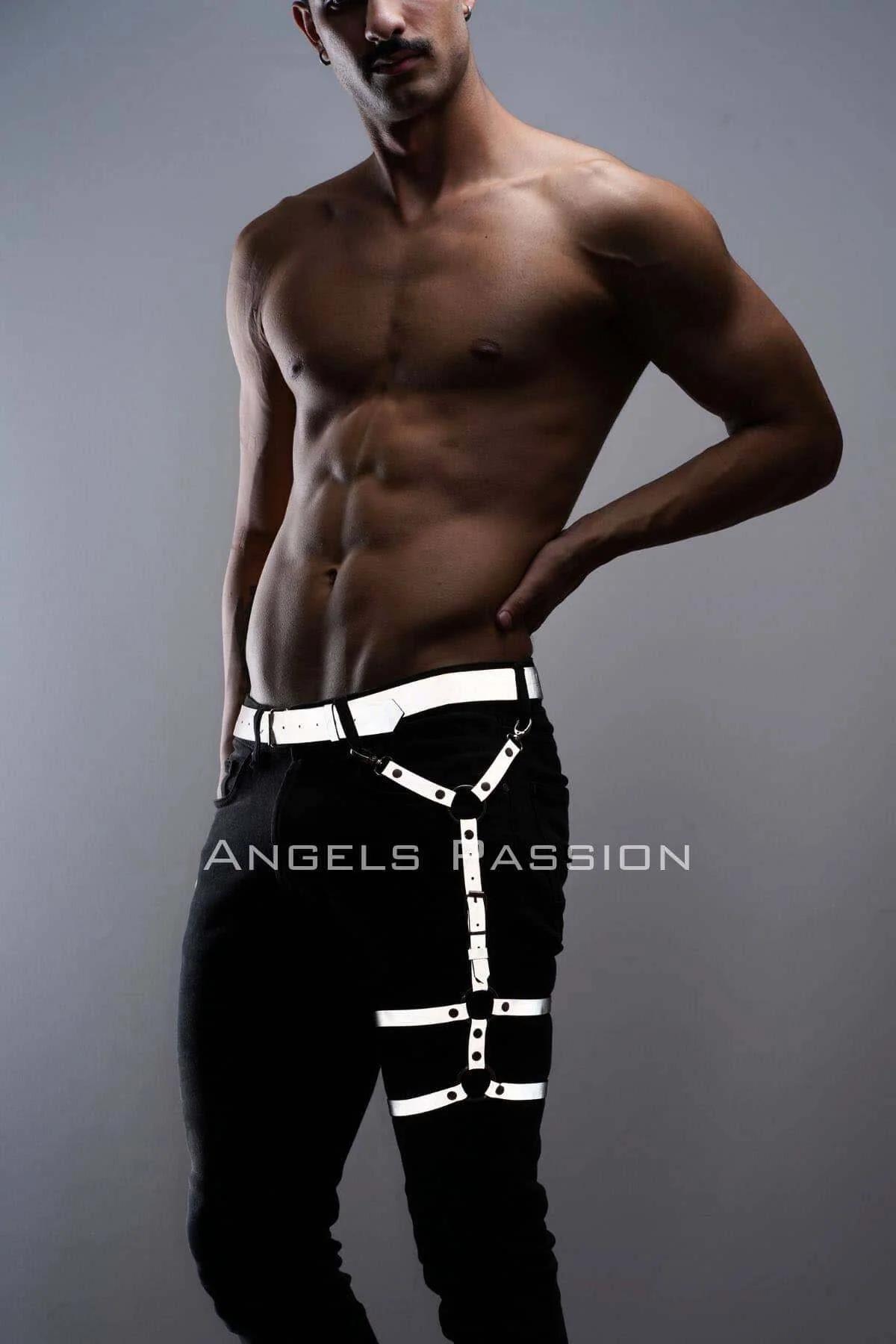 Adjustable white PU-coated leg harness showing waist band and three silver buckles