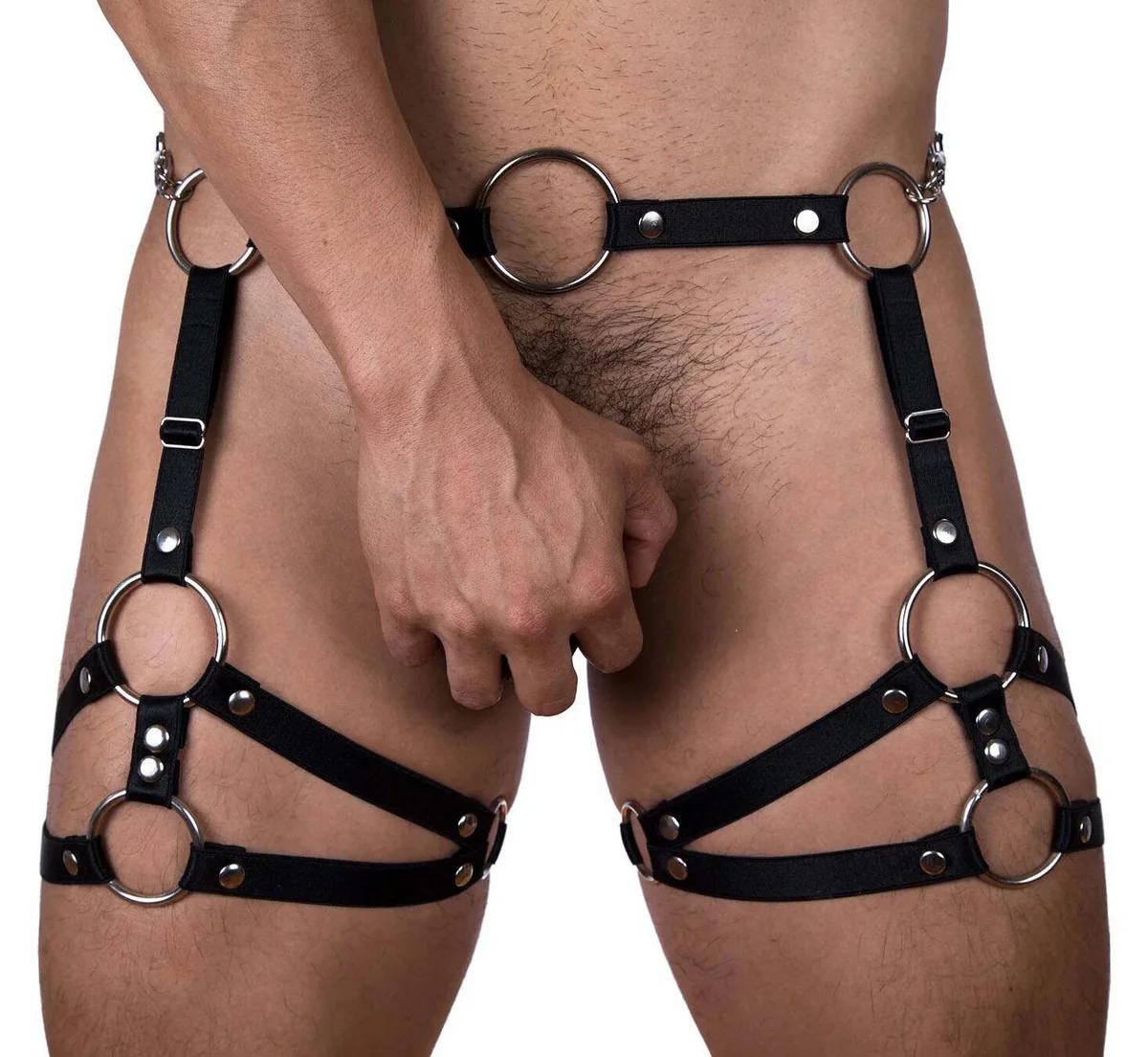 Full strap configuration of black men's O-ring harness with polished silver hardware accents