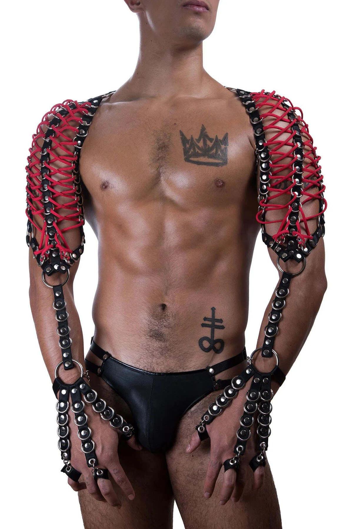 Side view of red and black chain shoulder harness showing drop straps and wrist cuff detail