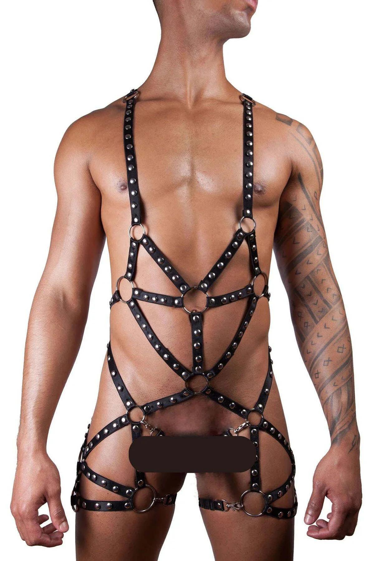 front view of black full body harness showing geometric chest strap pattern and waist O-ring